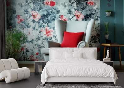 Comfortable armchair near wall with floral wallpaper. Stylish living room interior , ai Wall mural