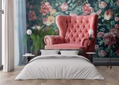 Comfortable armchair near wall with floral wallpaper. Stylish living room interior , ai Wall mural