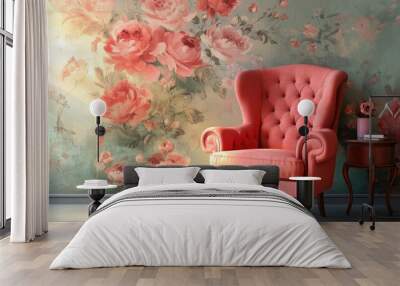 Comfortable armchair near wall with floral wallpaper. Stylish living room interior , ai Wall mural