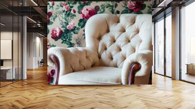 Comfortable armchair near wall with floral wallpaper. Stylish living room interior , ai Wall mural