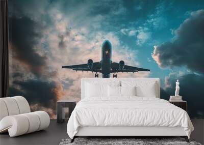 Commercial passenger airplane flying in the amazing blue sky and dark clouds. Travel by air transport , ai Wall mural