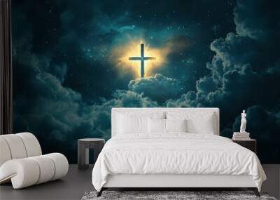 Concept of christian religion shining cross on the background of cloudy night sky. Dark sky with cross and cloud. Divine shining heaven, light. Religious background , ai Wall mural