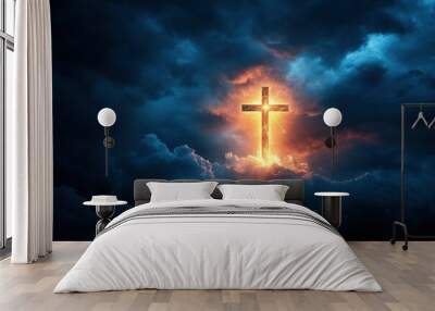 Concept of christian religion shining cross on the background of cloudy night sky. Dark sky with cross and cloud. Divine shining heaven, light. Religious background , ai Wall mural