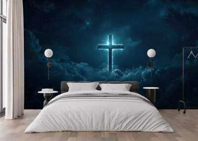 Concept of christian religion shining cross on the background of cloudy night sky. Dark sky with cross and cloud. Divine shining heaven, light. Religious background , ai Wall mural