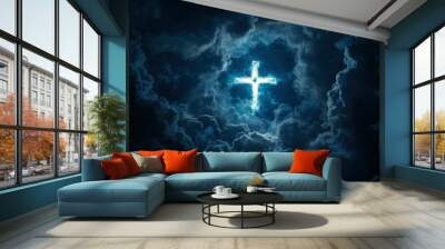 Concept of christian religion shining cross on the background of cloudy night sky. Dark sky with cross and cloud. Divine shining heaven, light. Religious background , ai Wall mural