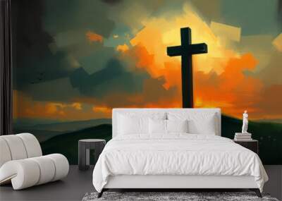 cristian cross on top of a green hill at sunset, ai Wall mural