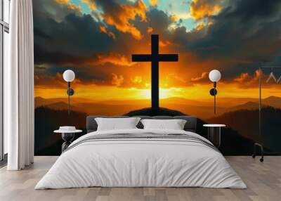 cristian cross on top of a green hill at sunset, ai Wall mural