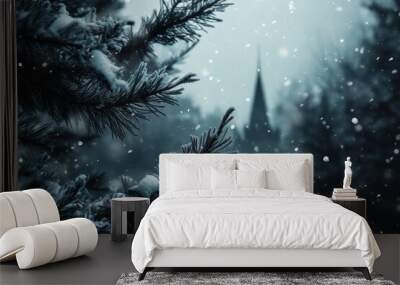 Dark creepy spooky nature, winter season pine trees and snowy landscape. Castle spire behind coniferous trees branches. Wintery cold weather wallpaper , ai Wall mural