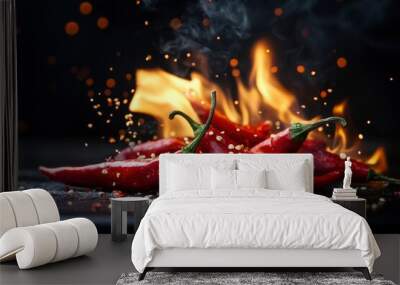 Delicious red chili peppers on fire, cut out , ai Wall mural