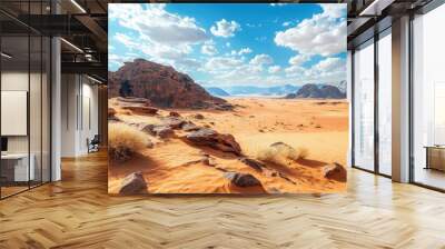 Desert Landscape with Rock Formation during Afternoon in Jordan. Beautiful Outdoor Scenery of Wadi Rum with Sandy Surface, ai Wall mural