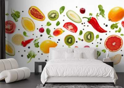 Different fresh fruits and vegetables in air on white background , ai Wall mural