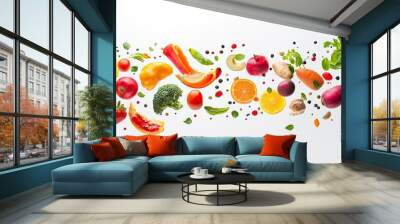 Different fresh fruits and vegetables in air on white background , ai Wall mural