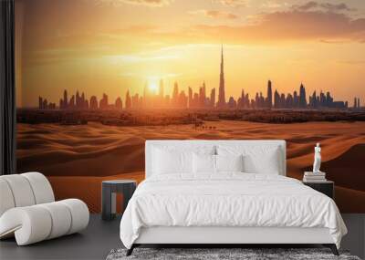 Dubai Skyline at Sunset with Desert Dunes â€“ Captivating Blend of Modern Architecture and Desert Adventure, ai Wall mural