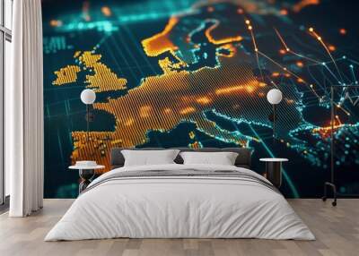 dynamic digital world map emphasize Western Europe continental for AI powered global network connectivity big data transfer cyber technology network information exchange and telecommunication , ai Wall mural