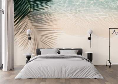 empty abstract sand beach with palm leaf shadow and transparent water wave from above, blank background banner for travel, vacation and wellbeing with copy space ,  ai Wall mural