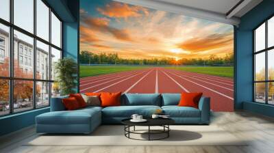 Empty nobody running track with sunset sky, sport background , ai Wall mural