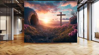 Empty Tomb With Crucifixion At Sunrise - Resurrection Concept , ai Wall mural