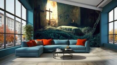 Empty Tomb With Crucifixion At Sunrise - Resurrection Concept , ai Wall mural