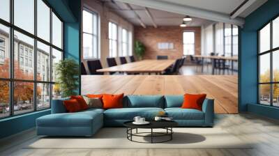 Empty wooden table top in front of a blurred background, showcasing a stylish office meeting area, ideal for business advertising presentations, ai Wall mural