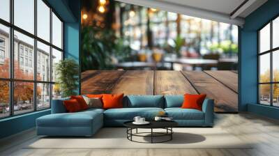 Empty wooden table with blurred restaurant background , ai Wall mural