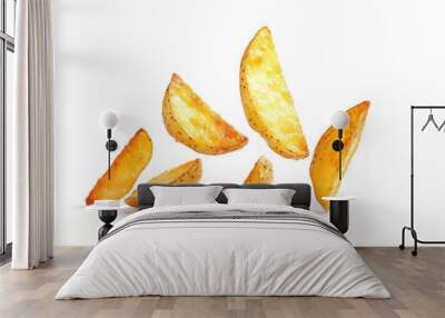 Falling fried Potato wedges, isolated on white background, full depth of field , ai Wall mural