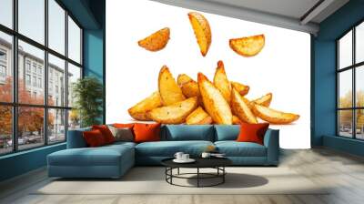 Falling fried Potato wedges, isolated on white background, full depth of field , ai Wall mural