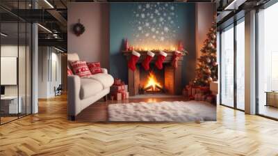 festive Christmas background with cozy living room view, burning fireplace, stockings hanging on the mantle, and large window showing falling snowflakes, copy space on the left, ai Wall mural