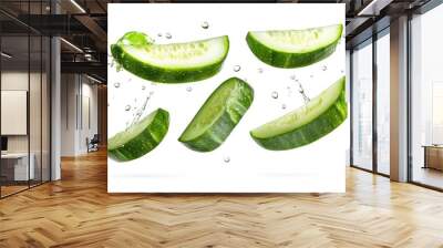 Flying cucumber has water drop with slices collection isolated on white background, ai Wall mural