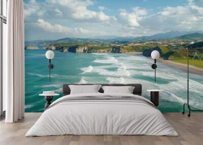 Flying over the waves of the sea at Otur beach. Asturias. Spain , ai Wall mural