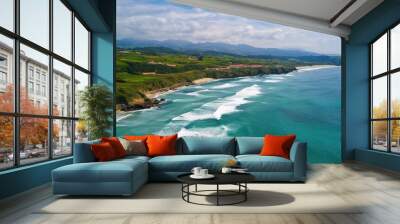 Flying over the waves of the sea at Otur beach. Asturias. Spain , ai Wall mural