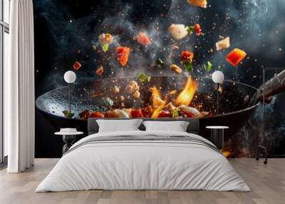 Freeze Motion of Wok Pan with Flying Ingredients in the Air and Fire Flames , ai Wall mural