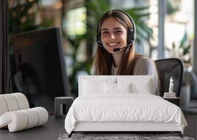 Friendly call center agent answering incoming calls with a headset, providing customer service remotely. Happy woman using her excellent communication skills to resolves customer issues, ai Wall mural