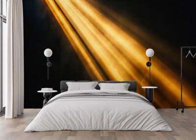 Golden beams of bright light shining on black background, ai Wall mural