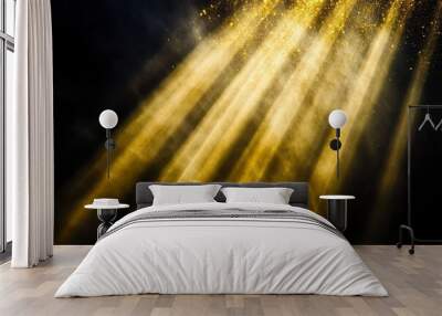 Golden beams of bright light shining on black background, ai Wall mural