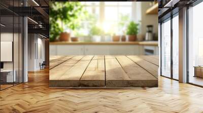 Green Empty wooden table with the bright white interior of the kitchen as a blurred background behind the bokeh golden sunshine , ai Wall mural