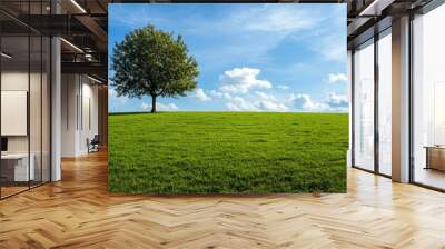 Green grass field lawn with tree and blue sky Green Meadows Beautiful Journey Through Nature Great as a background, web banner , ai Wall mural