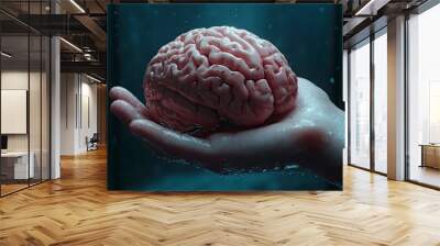 Hand Holding Human Brain - Futuristic Concept of Intelligence, science and mind , ai Wall mural