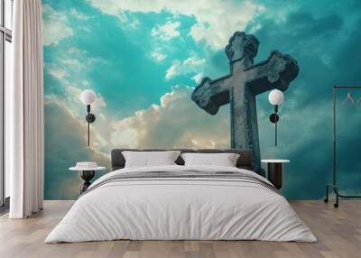 Holy cross symbolizing the death and resurrection of jesus christ with dramatic sky view , ai Wall mural