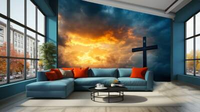 Holy cross symbolizing the death and resurrection of jesus christ with dramatic sky view , ai Wall mural