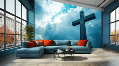 Holy cross symbolizing the death and resurrection of jesus christ with dramatic sky view , ai Wall mural