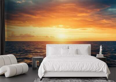 Horizon Sea Sky Background, Sunset sky clouds over sea in the evening with Orange, Yellow sunlight Golden hour in Summer landscape, Dusk sky seascape backgrounds , ai Wall mural