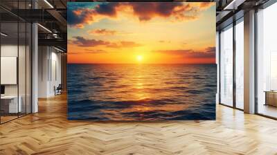 Horizon Sea Sky Background, Sunset sky clouds over sea in the evening with Orange, Yellow sunlight Golden hour in Summer landscape, Dusk sky seascape backgrounds , ai Wall mural