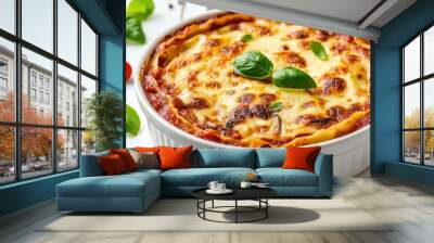 Italian lasagna casserole with firm tofu, mushrooms, tomato sauce baked on the oven, served on a baking dish with fresh basil on a white wooden background, close-up , ai Wall mural