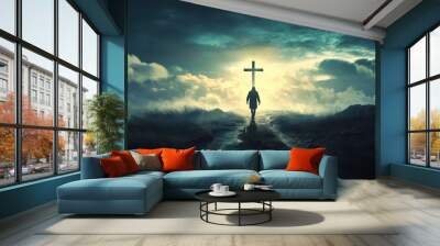 Jesus Cross Concept: way walking towards a cross , ai Wall mural