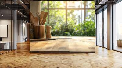 Kitchen wooden utensils and tool on wooden table top and blurred green garden outside the window background. Space for products and objects , ai Wall mural