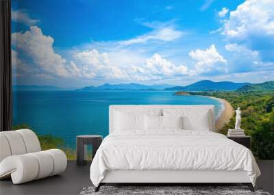 Landscape beautiful summer panorama wide horizon look viewpoint shore open sea beach cloud clean and blue sky background calm nature ocean wave water nobody travel at thailand chonburi sun day, ai Wall mural