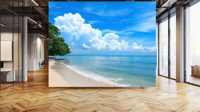 Landscape beautiful summer panorama wide horizon look viewpoint shore open sea beach cloud clean and blue sky background calm nature ocean wave water nobody travel at thailand chonburi sun day, ai Wall mural