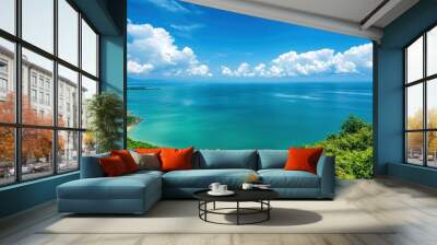 Landscape beautiful summer panorama wide horizon look viewpoint shore open sea beach cloud clean and blue sky background calm nature ocean wave water nobody travel at thailand chonburi sun day, ai Wall mural