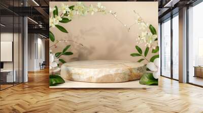 light beige marble stone podium stand for cosmetics and product display on abstract beige background with flowers and green leaves , ai Wall mural