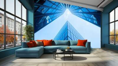 Looking Up modern high-rise office buildings with blue sky in the background, ai Wall mural